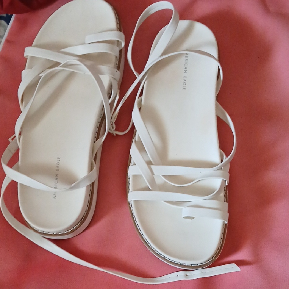 American Eagle Outfitters White Flat Sandals with Ankle Wrap